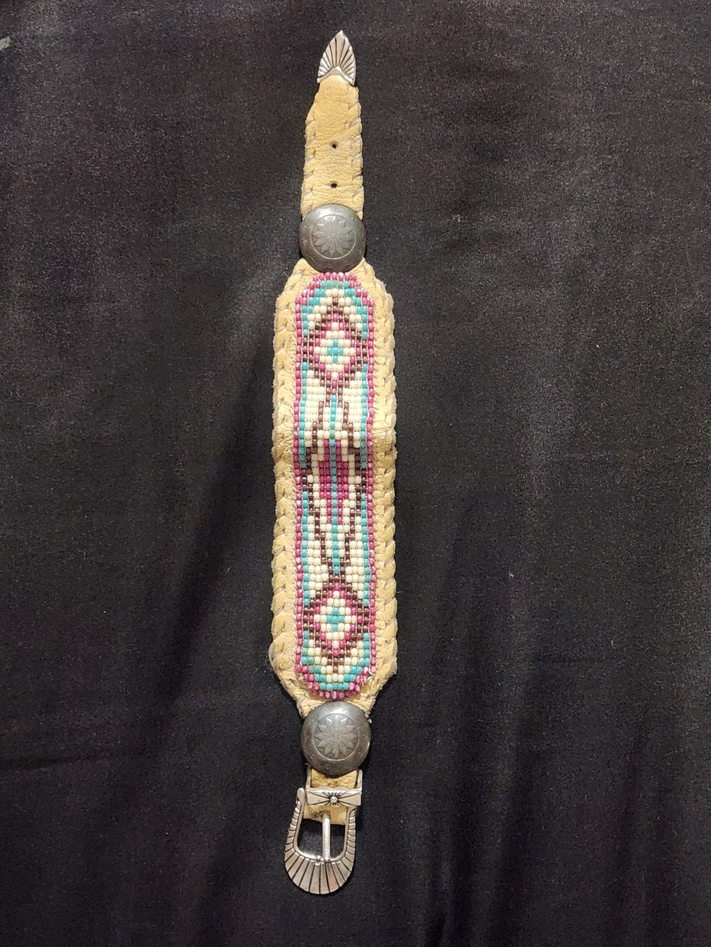 ​Vintage Southwestern Native American Style Beaded Suede Leather Cuff Bracelet